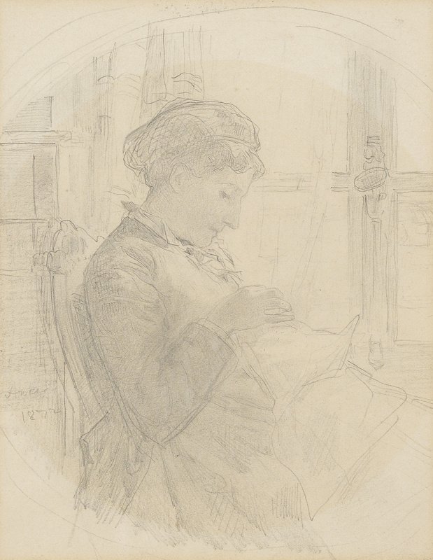 Mulher de tricô na frente de uma janela de Albert Anker