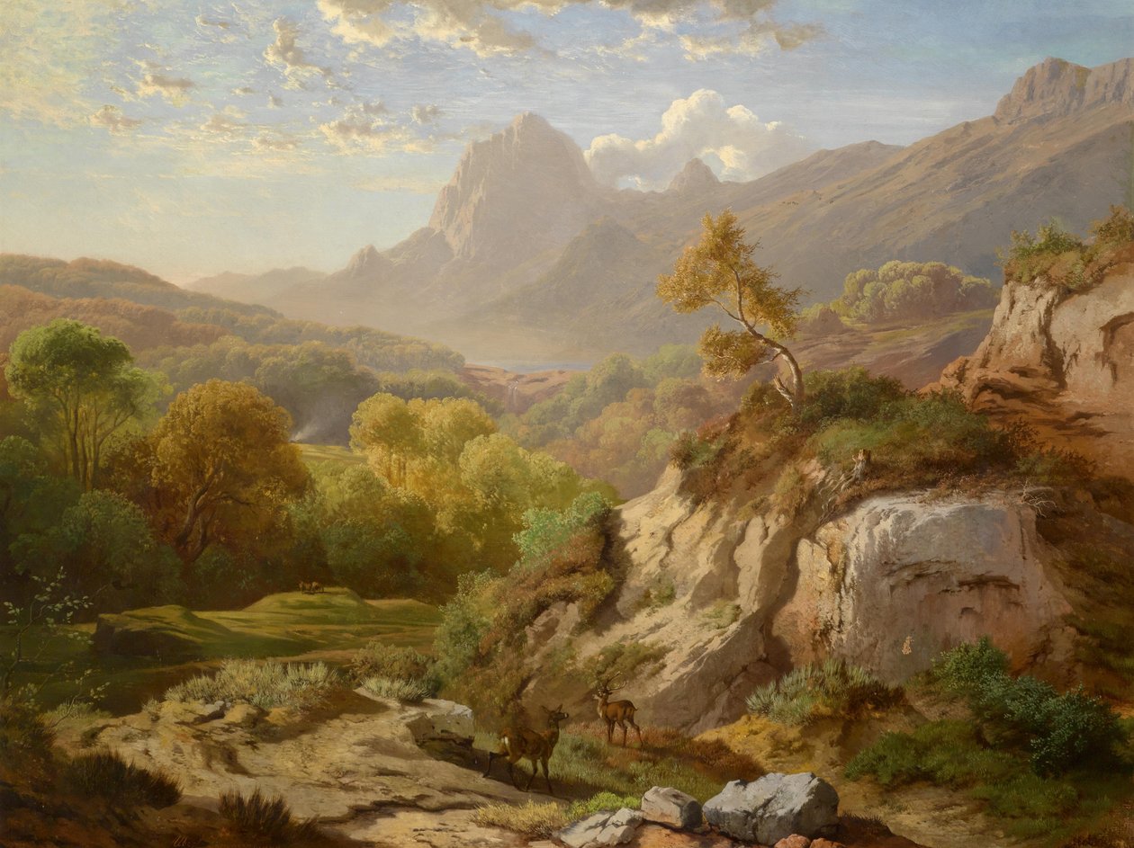 Veados em uma paisagem de montanha ampla de Albert August Zimmermann