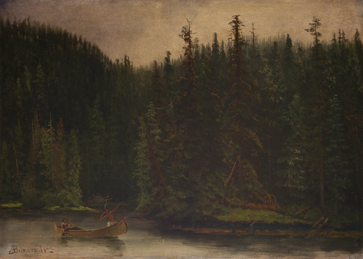 Caçadores indianos em canoa de Albert Bierstadt
