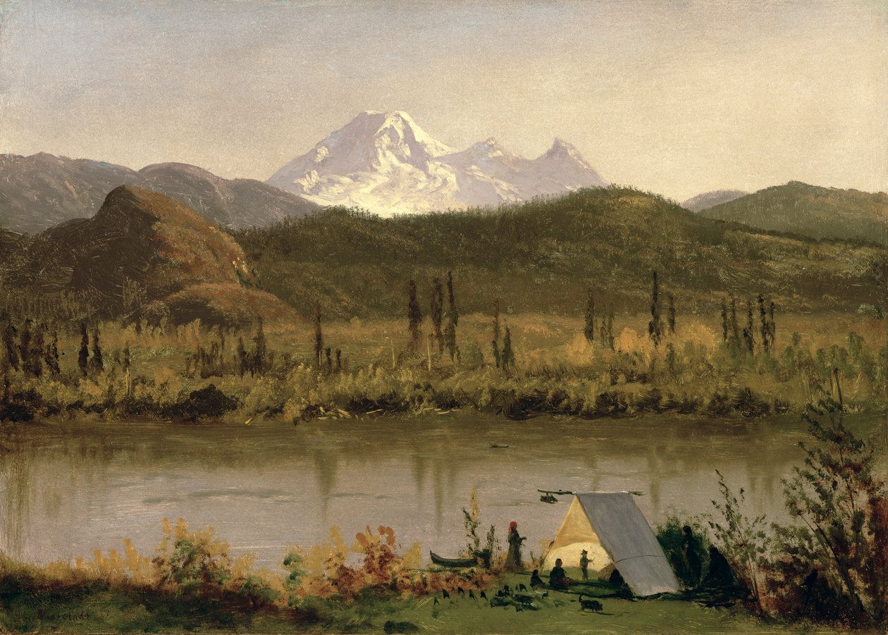 Mount Baker, Washington, do rio Frazier, c.1889 (óleo sobre papel montado sobre tela) de Albert Bierstadt