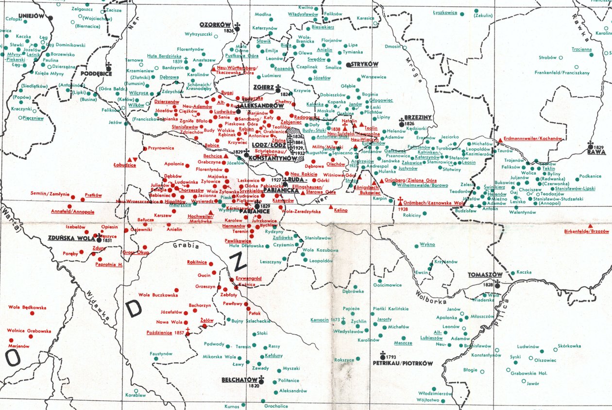 assentamentos em 1938 em torno de Łódź entre os rios Warta (W), Bzura (N) e Pilica (SE) de Albert Breyer