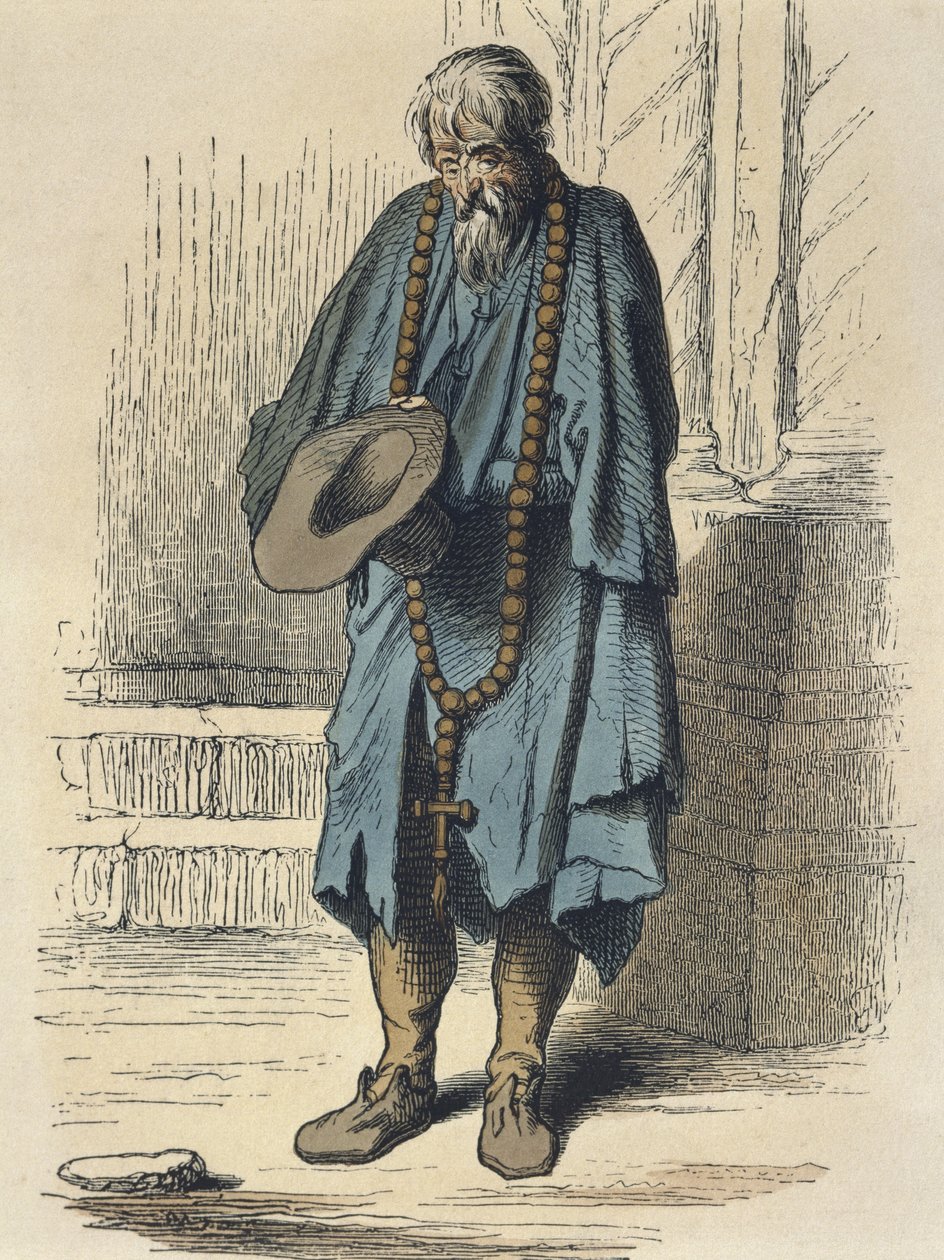 Mendigo, depois de Jacques Callot (1592-1635) gravado por Adrien Lavieille (1818-1862) (gravura a cores) de Albert Charles August Racinet