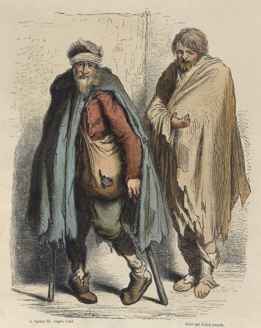 Mendigos, depois de Jacques Callot (1592-1635) gravado por Adrien Lavieille (1818-1862) (gravura a cores) de Albert Charles August Racinet