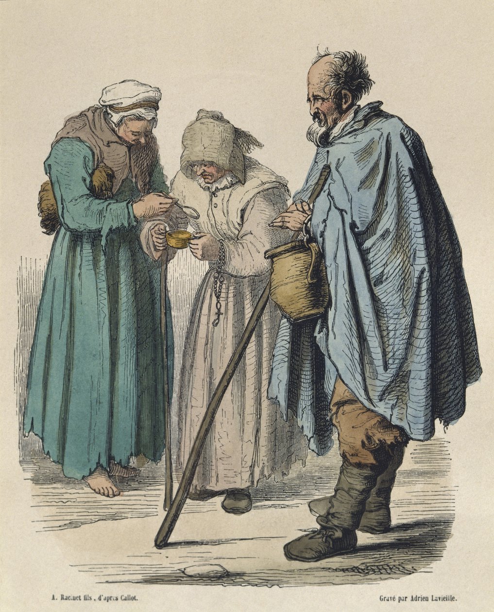 Mendigos, depois de Jacques Callot (1592-1635) gravado por Adrien Lavieille (1818-1862) (gravura a cores) de Albert Charles August Racinet