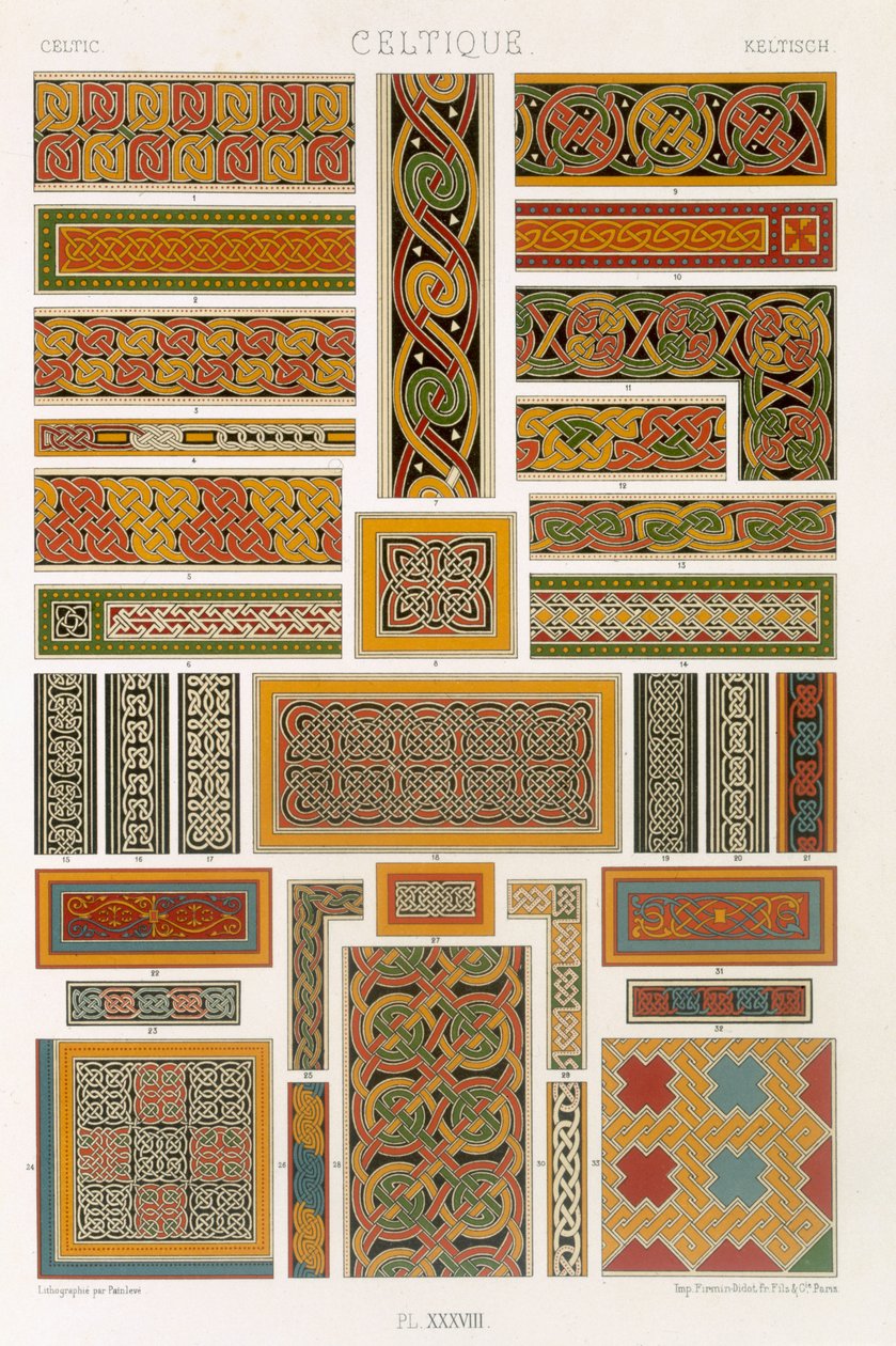 Estilo Celta, placa XXXVIII de &39;Ornamento Policromo&39;, gravado por Painleve, publicado Paris, 1869 de Albert Charles August Racinet