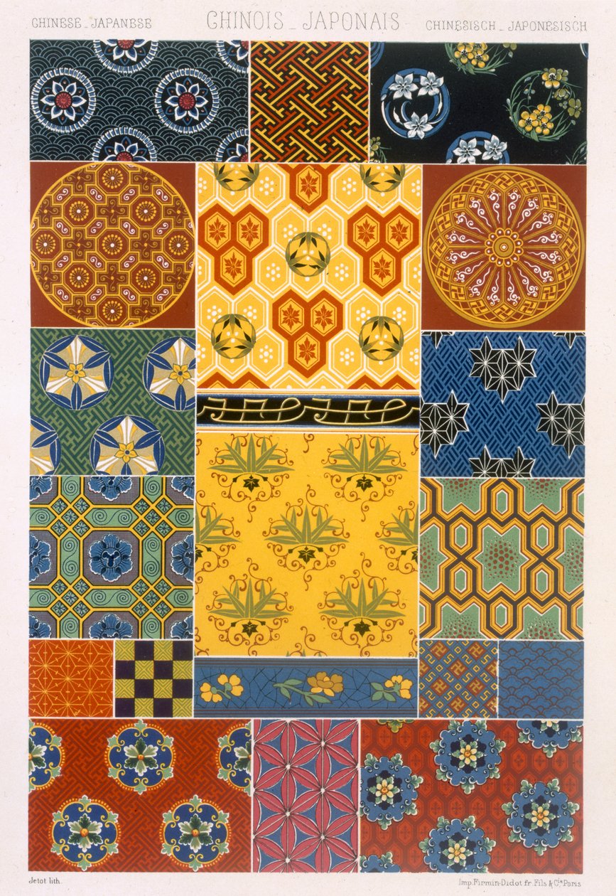 Estilo Japonês Chinês, Prato XV de &39;Ornamento Policromo&39; publicado Paris 1869 de Albert Charles August Racinet