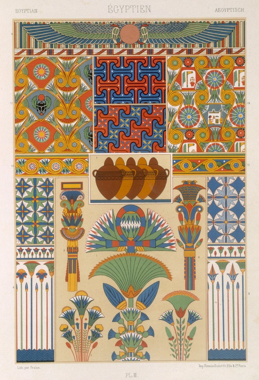 Estilo Egípcio, prato II de &39;Ornamento Policromo&39;, gravado por Pralon, publicado em Paris, 1869 de Albert Charles August Racinet