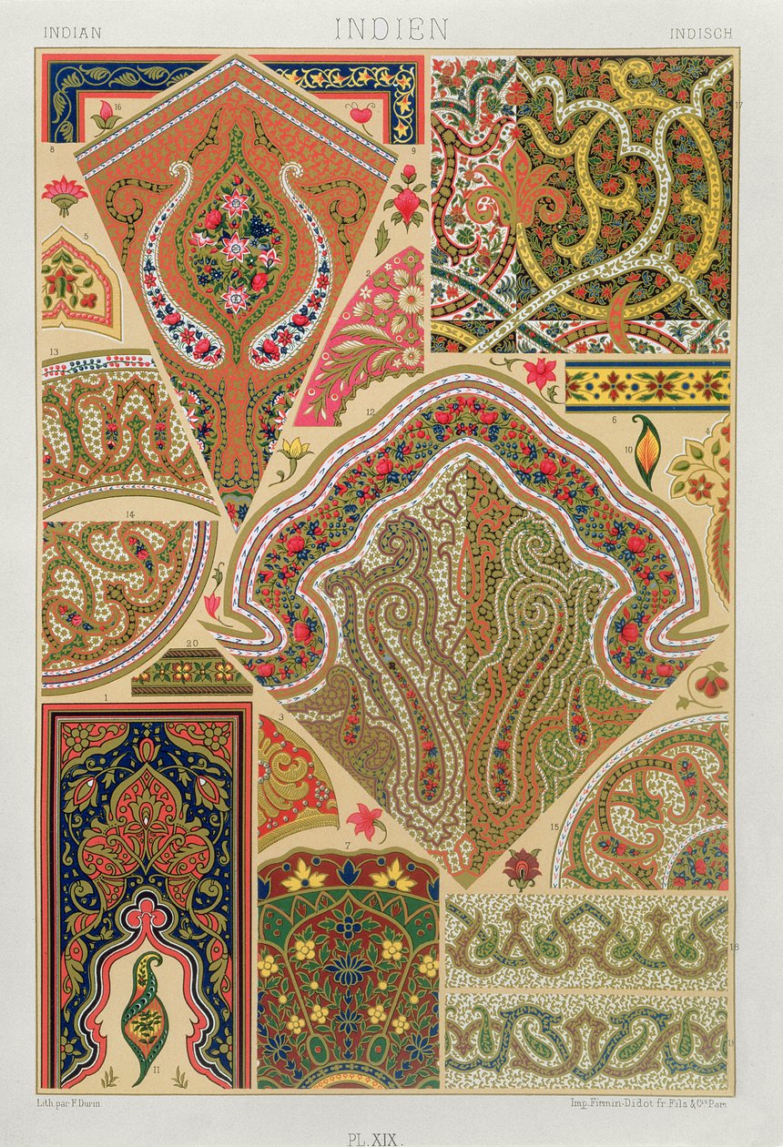Decoração Indiana, prato XIX de &39;Polychrome Ornament&39;, gravado por F. Durin, publicado Paris, 1869 de Albert Charles August Racinet
