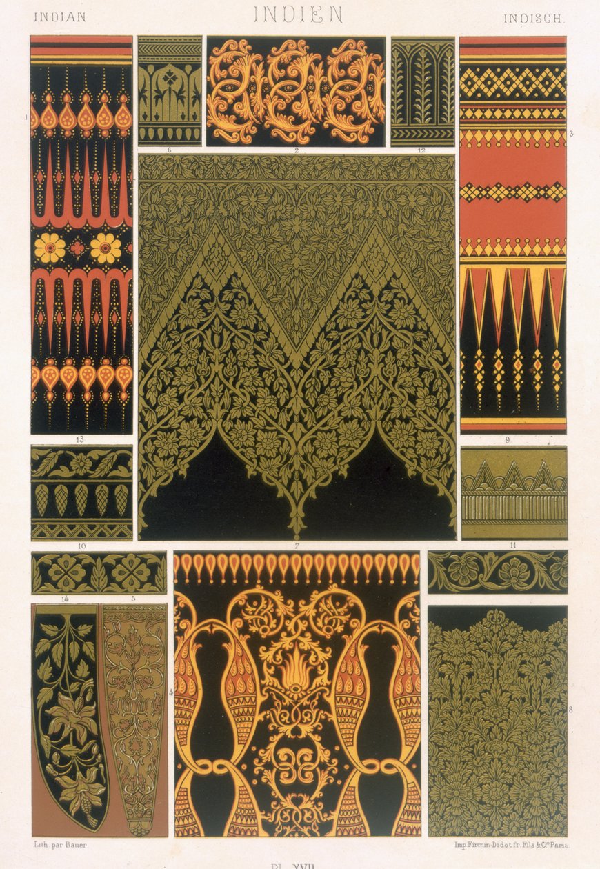 Estilo indiano, placa XVII de &39;Ornamento Policromo&39; gravado por Bauer, publicado Paris, 1869 de Albert Charles August Racinet