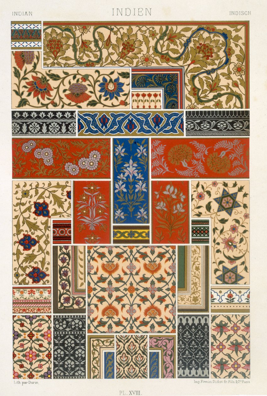 Estilo indiano, placa XVIII de &39;Polychrome Ornament&39; gravado por F.Durin, publicado Paris, 1869 de Albert Charles August Racinet