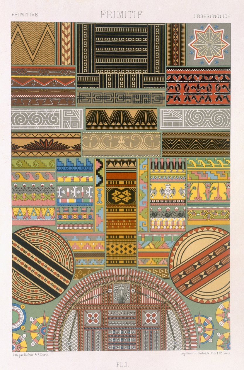 Estilo Primitif, prato I de &39;Polychrome Ornament&39;, gravado por F. Durin, publicado Paris, 1869 de Albert Charles August Racinet