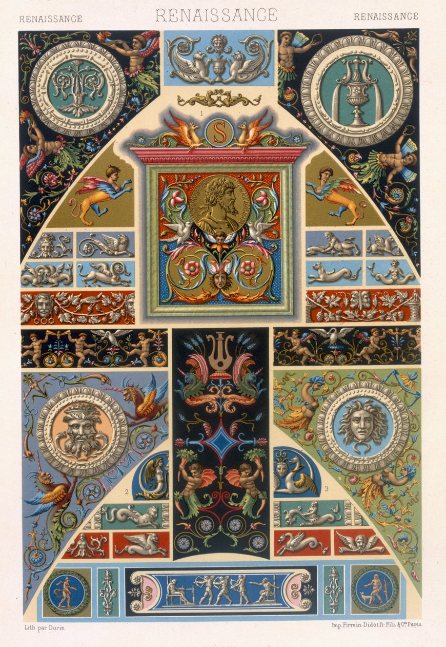 Estilo renascentista, placa LIL de &39;Polychrome Ornament&39; gravado por F. Durin, publicado Paris, 1869 de Albert Charles August Racinet