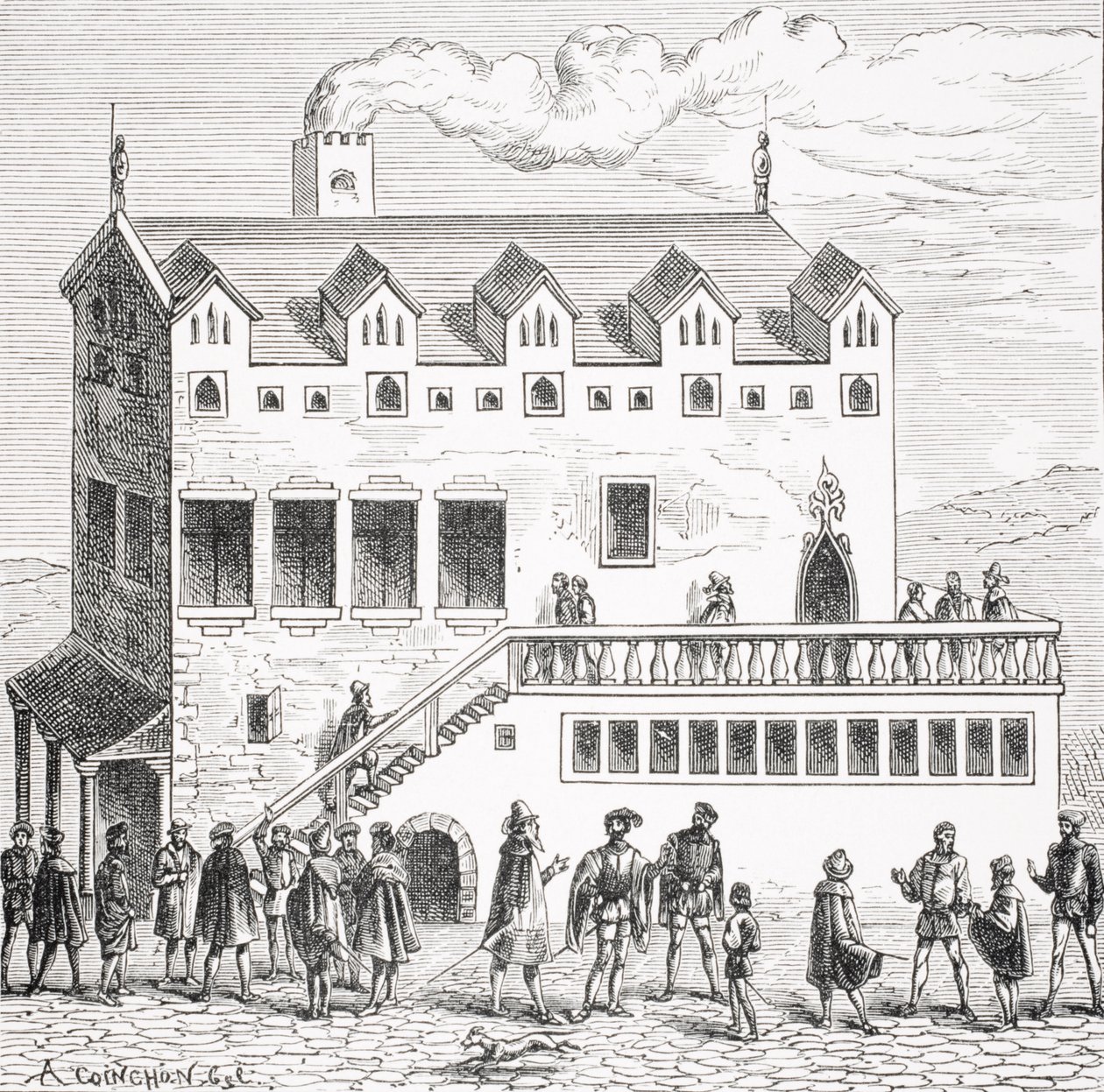 Hotel da Câmara de Contas no Pátio do Palácio em Paris, após uma xilogravura em &39;Cosmographie Universelle of Munster&39;, publicado em Basle, 1552, de &39;Le Moyen Age et La Renaissance&39; por P de Albert Coinchon