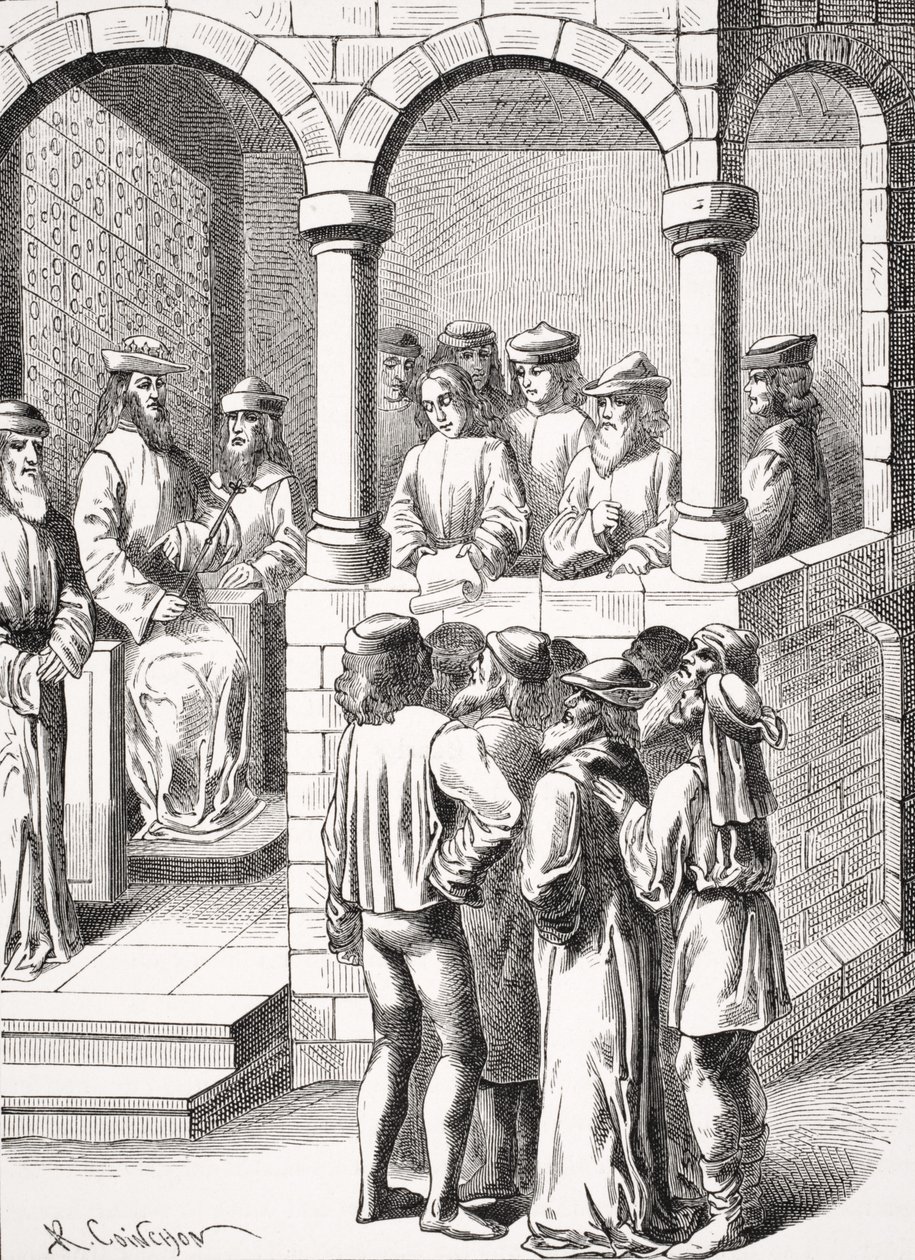 Promulgação de um edito, depois de uma miniatura no manuscrito do século 15 "Jóias dos judeus", de "A Idade Média e o Renascimento", de Paul Lacroix (1806-84), publicado em 1847 de Albert Coinchon