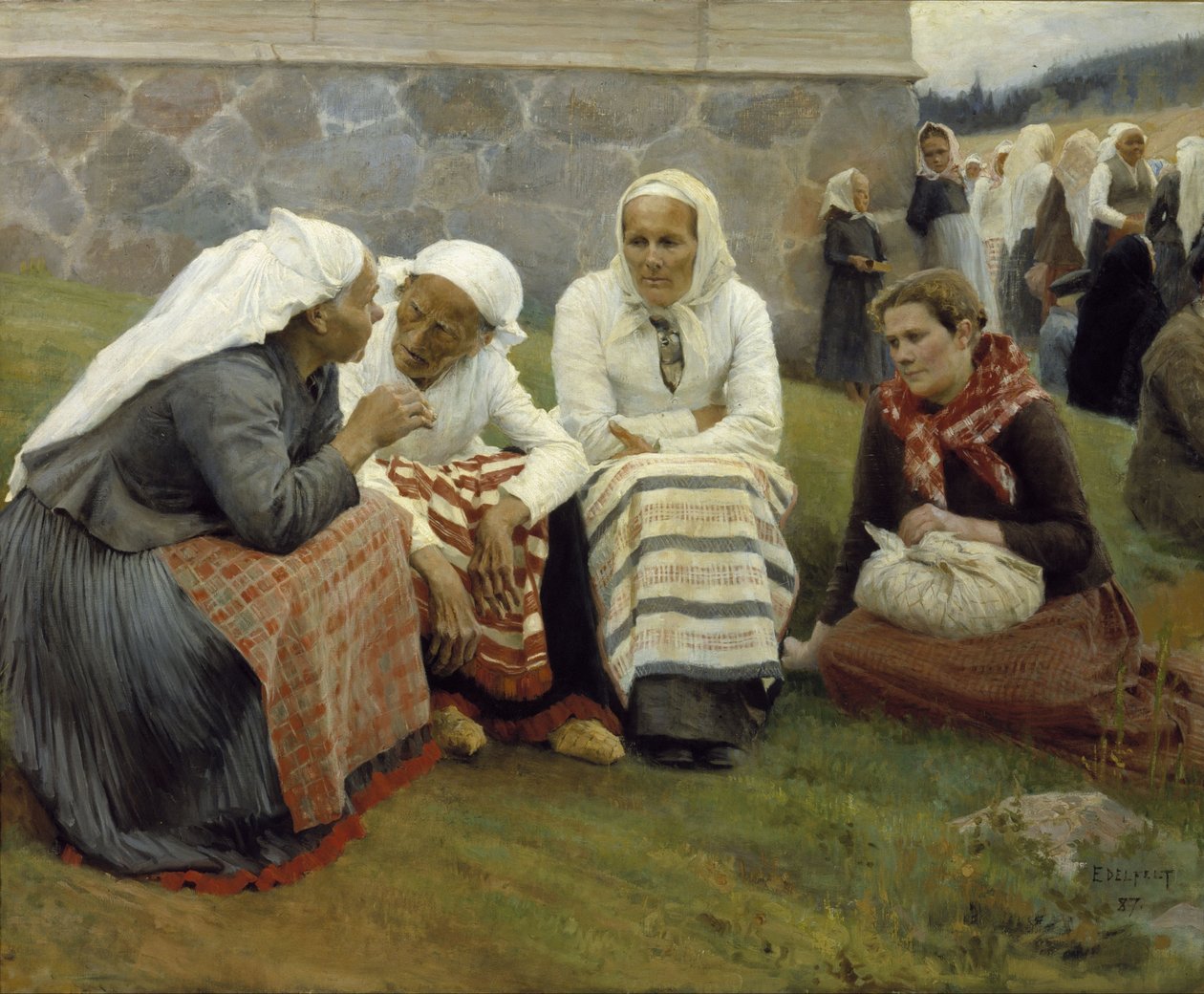 Mulheres fora da igreja em Ruokolahti de Albert Gustaf Aristides Edelfelt