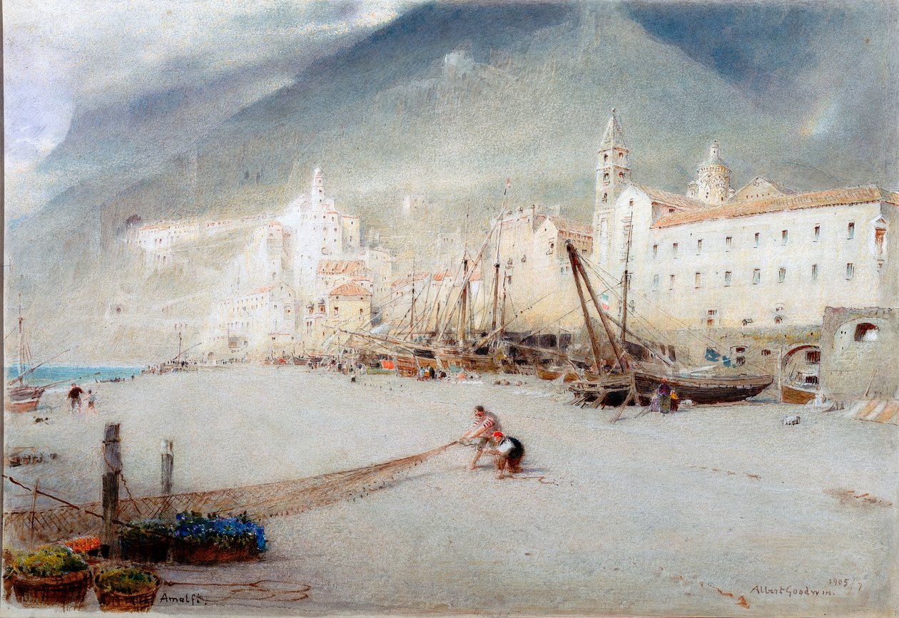 Amalfi (lápis e aguarela sobre papel (colado a bordo)) de Albert Goodwin
