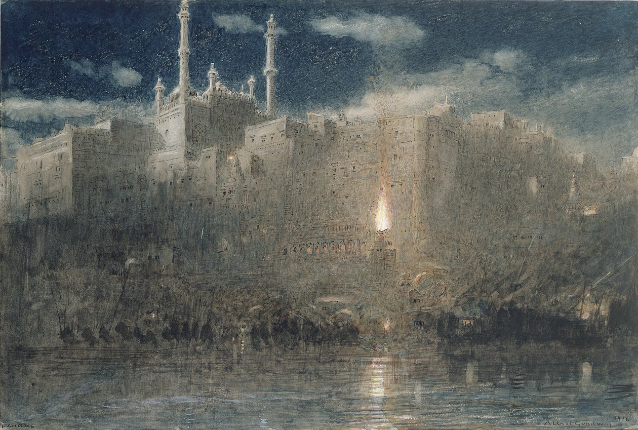 Benares por Moonlight, 1916 (caneta e tinta com wc e bodycolour no papel) de Albert Goodwin