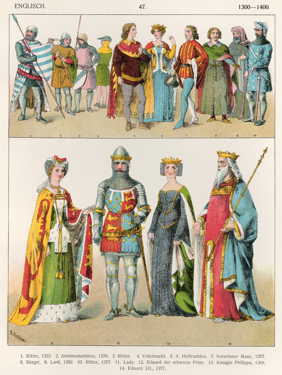 Vestido inglês, c.1300-1400, de &39;Trachten der Voelker&39;, 1864 de Albert Kretschmer