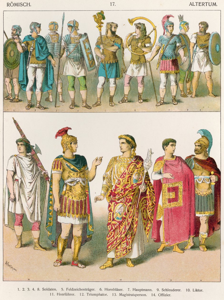 Vestido Militar Romano, de &39;Trachten der Voelker&39;, 1864 (litografia colorida) de Albert Kretschmer