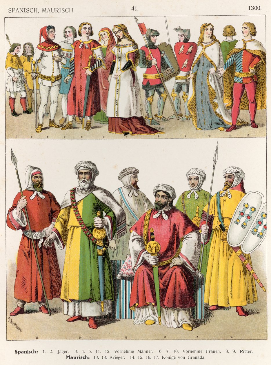 Vestido Espanhol e Mourisco, c.1300, de &39;Trachten der Voelker&39;, 1864 (litografia colorida) de Albert Kretschmer