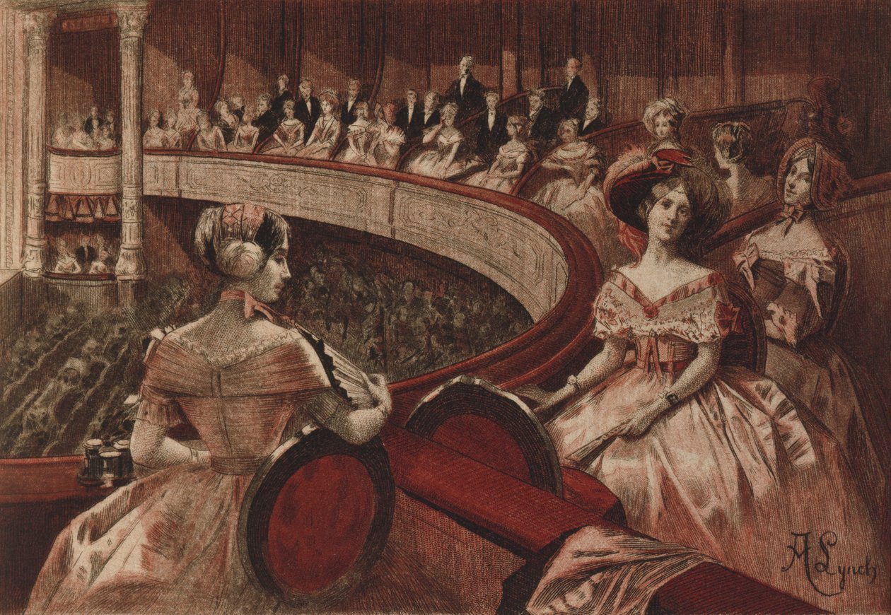 No teatro, "Echos du Bon Ton", ilustração de "A Francaise du Siècle: modos, maneiras, usos" por Octave Uzanne (1851-1931) gravado por Eugene Gaujean (1850-1900) 1886 (gravura a cor) de Albert Lynch