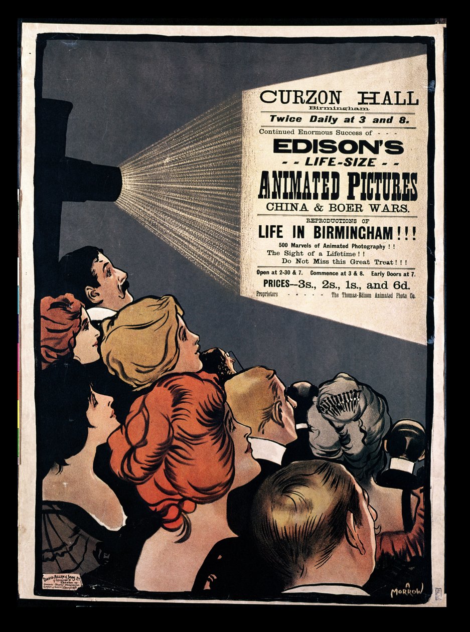 Cartaz publicitário Edison&39;s Life Size imagens animadas, China e Boer Wars em Curzon Hall, Birmingham de Albert Morrow