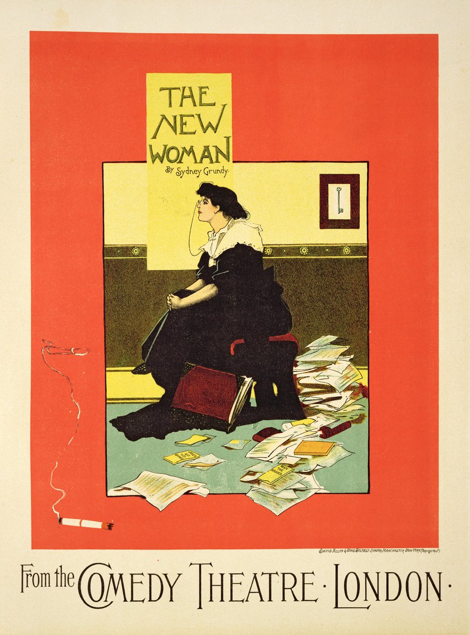 Reprodução de um cartaz publicitário "The New Woman", de Sydney Grundy, no Comedy Theatre, em Londres de Albert Morrow