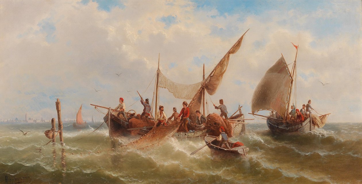 Barcos de pesca contra uma silhueta veneziana de Albert Rieger