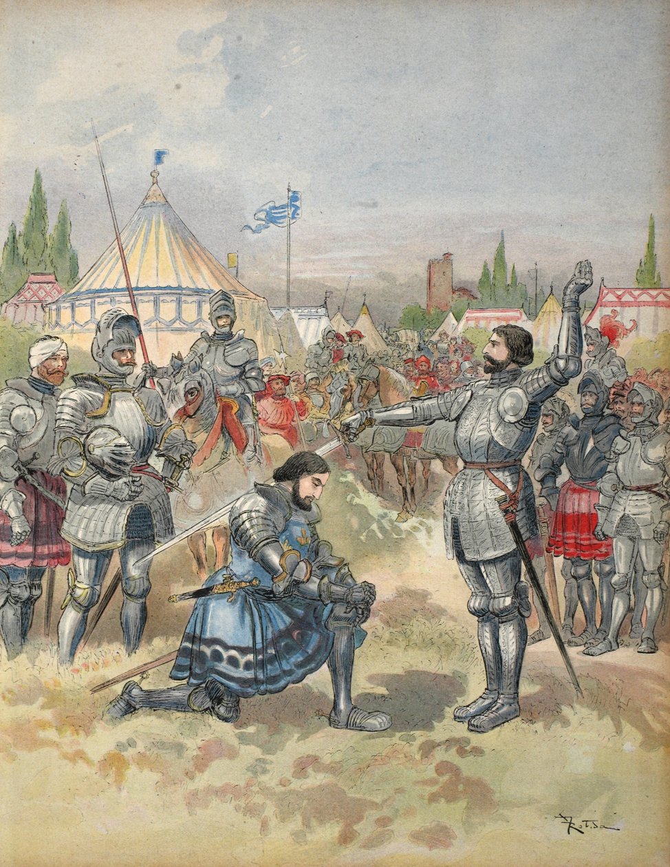 Bayard que knighting Francis mim, ilustração de Francois mim: O rei Knight, por George G. Toudouze, bar. 1909 de Albert Robida