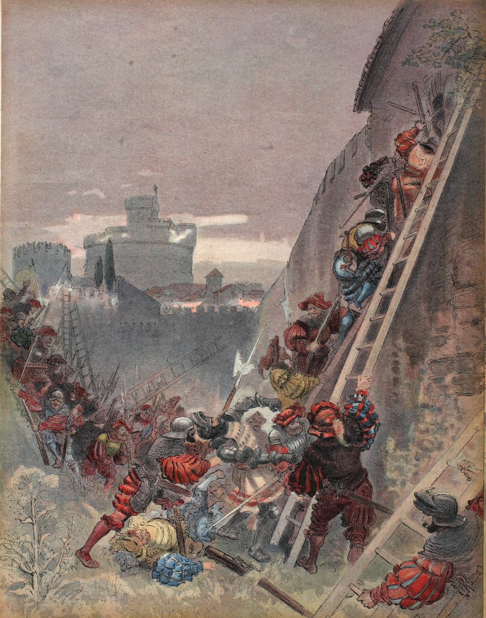 Bourbon morto durante o assalto em Roma, 6 de maio de 1527, ilustração de &39;Francois Ier: Le Roi Chevalier, por George G. Toudouze, pub. 1909 de Albert Robida