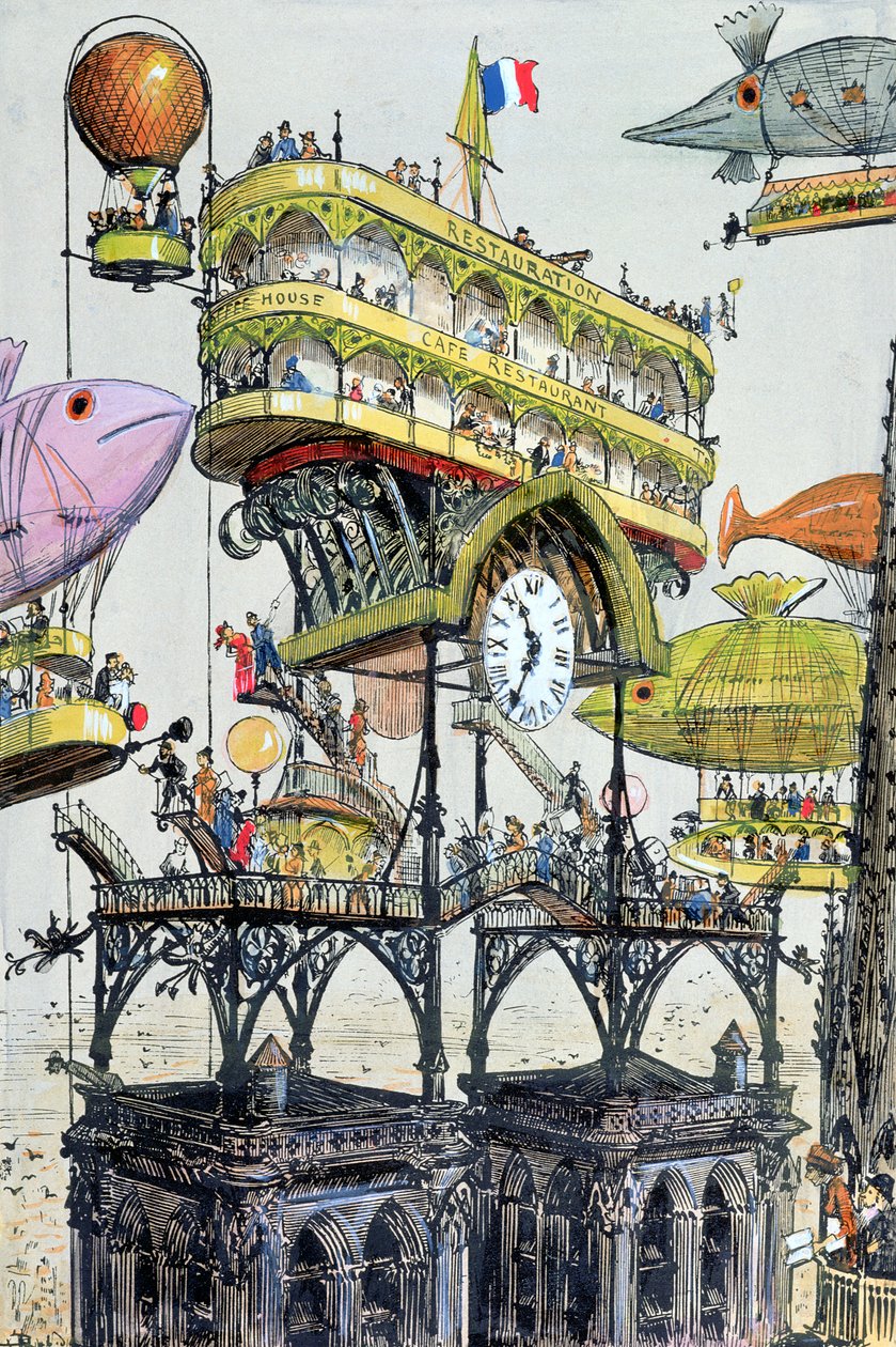 Estação central dos aviões em Notre Dame (Paris), ilustração "do século XX, La Vie Electrique", c. 1890 (gravura a cores) de Albert Robida