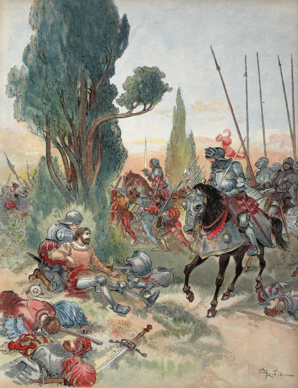 Morte de Bayard, ilustração de François I: O Cavaleiro do Rei, por George G. Toudouze, bar. 1909 de Albert Robida