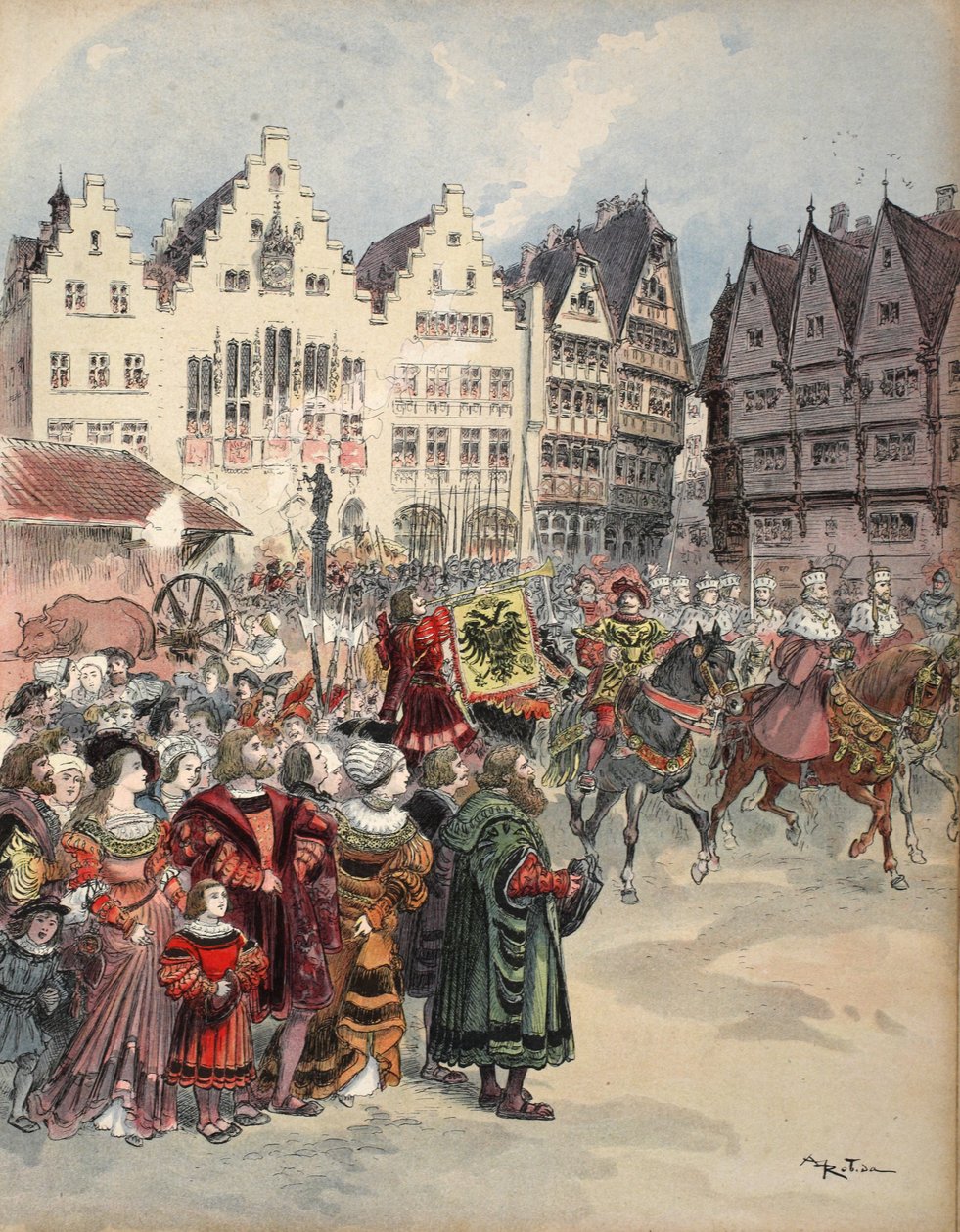 Eleição para o Império: a procissão dos sete eleitores pelas ruas de Frankfurt, ilustração de François Ier: Le Roi Chevalier, de George G. Toudouze, pub. 1909 de Albert Robida