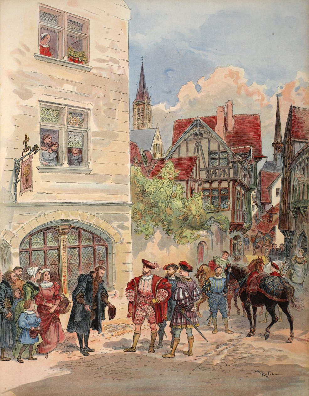 Francis recebi por Estienne na porta de sua gráfica, ilustração de François Ier: Le Roi Chevalier, de George G. Toudouze, pub. 1909 de Albert Robida