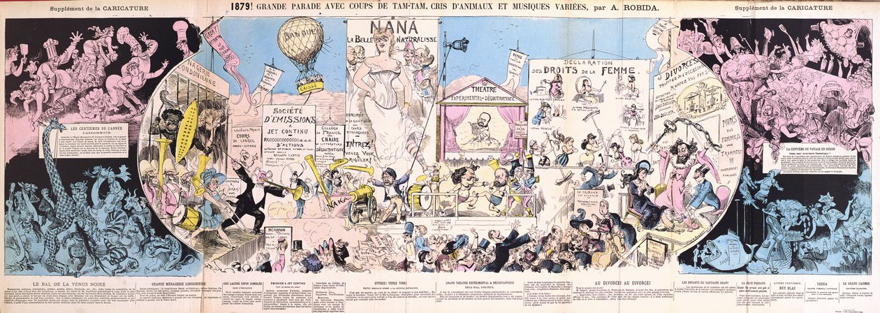 &39;Grande Parade&39;, desenho animado dobrável de &39;La Caricature&39;, 1880 de Albert Robida