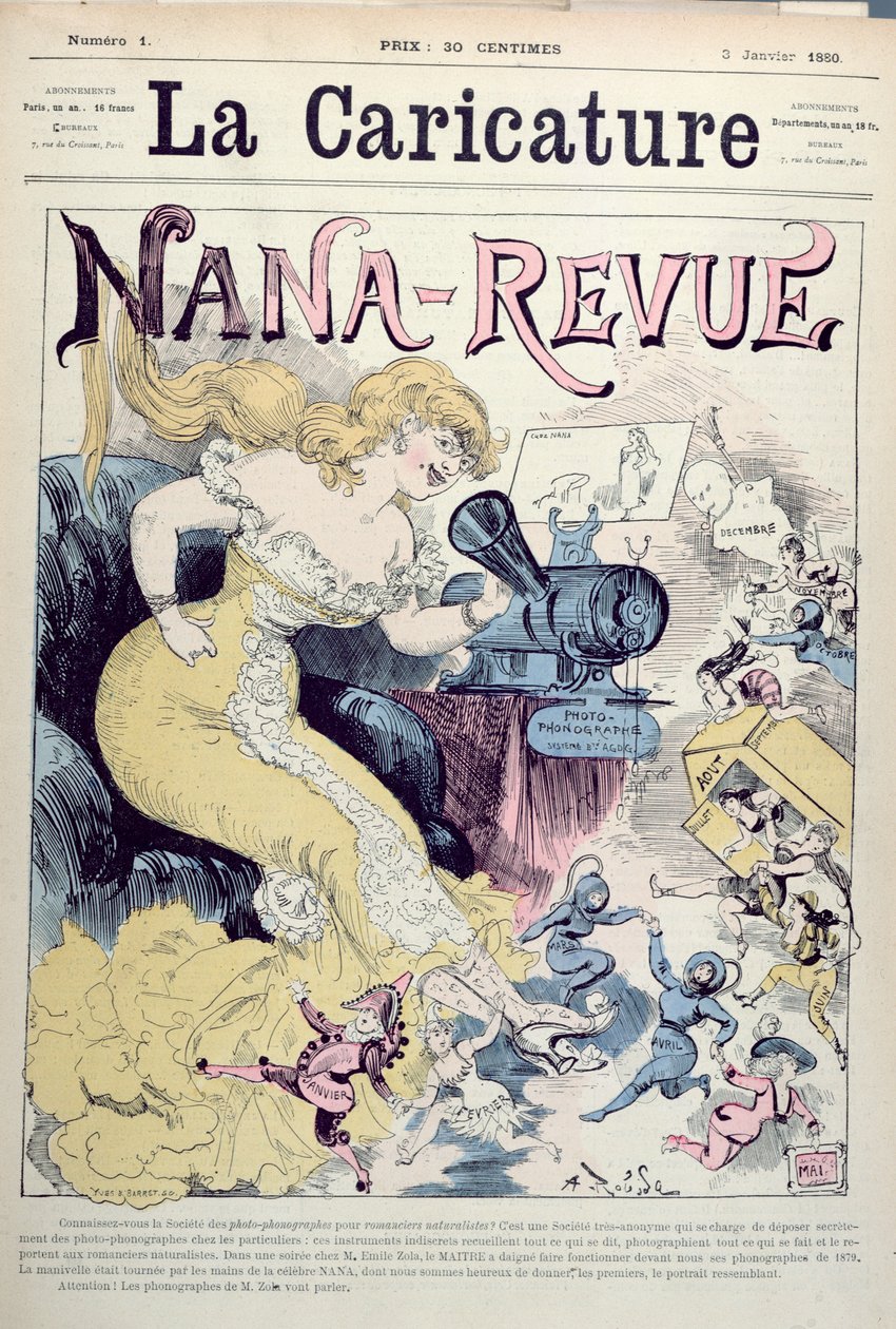 &39;Nana-Revue&39;, caricatura das obras de Emile Zola e romances realistas, de &39;La Caricature&39;, 3 de janeiro de 1880 de Albert Robida
