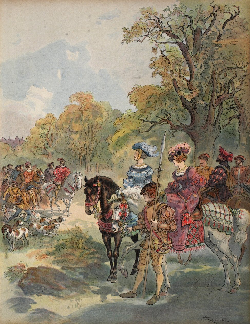 Caça real, ilustração de François I: O Cavaleiro do Rei, de George G. Toudouze, pub. 1909 de Albert Robida