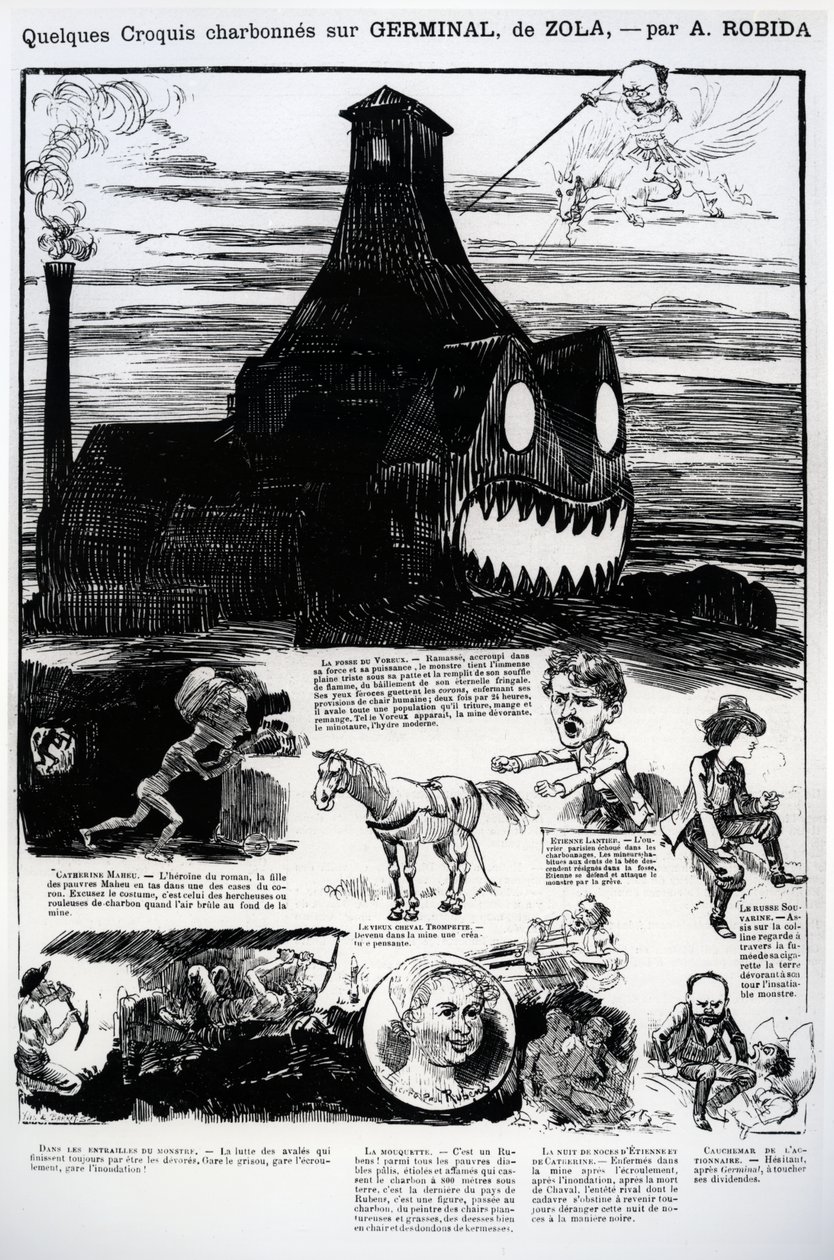 Alguns esboços de &39;Germinal&39;, romance de Emile Zola (1804-1902), de &39;La Caricature&39;, maio de 1885 de Albert Robida