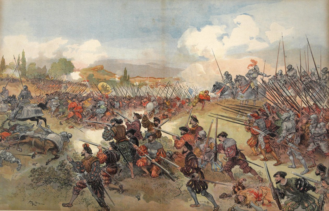 A batalha de Cerisole, ilustração de &39;Francois Ier: Le Roi Chevalier, por George G. Toudouze, bar. 1909 de Albert Robida