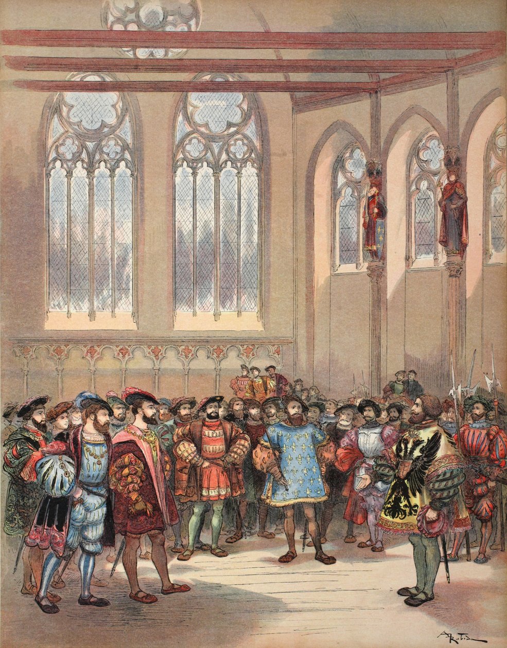 O arauto da Borgonha, enviado por Carlos V, recebido por Francis I no Grande Salão do Parlamento, ilustração de François Ier: Le Roi Chevalier, de George G. Toudouze, pub. 1909 de Albert Robida