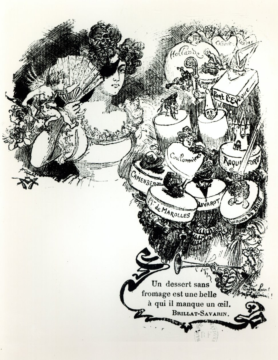 Os Queijos, ilustração para Os Aforismos de Brillat-Savarin, de L&39;Art du Bien Manger, 1907 de Albert Robida