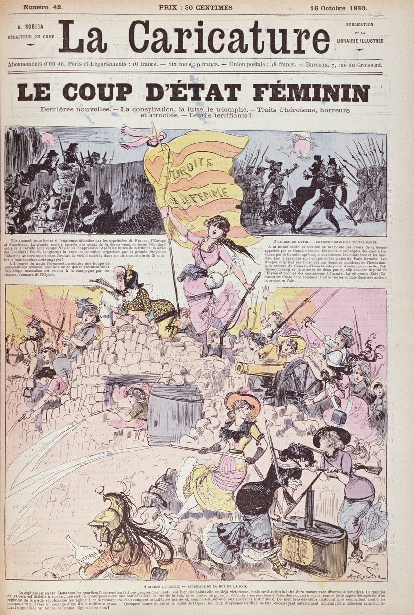 &39;The Feminist Coup&39;, de &39;The Caricature&39;, outubro de 1880 de Albert Robida