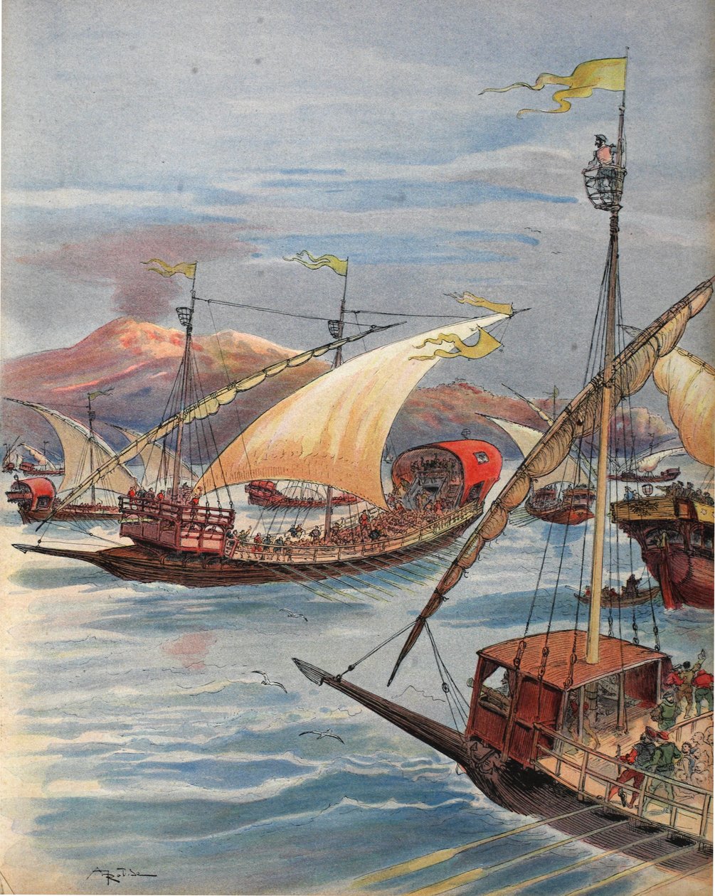 A frota de Doria, Nápoles, ilustração de &39;Francois Ier: Le Roi Cavaleiro, por George G. Toudouze, pub. 1909 de Albert Robida