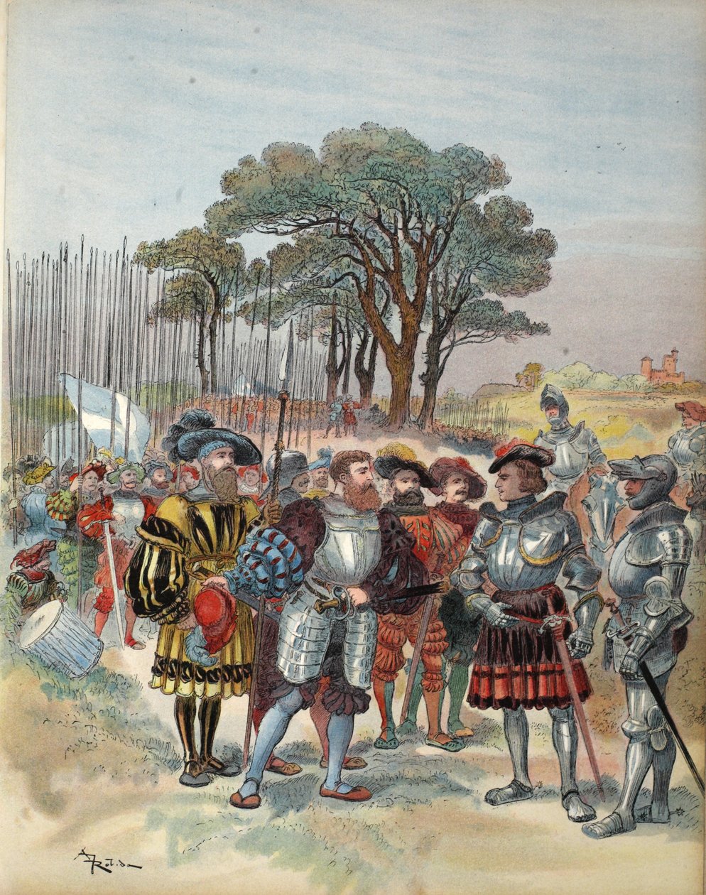 Os suíços exigem seu pagamento na Bicocca, ilustração de François Ier: Le Roi Chevalier, de George G. Toudouze, pub. 1909 de Albert Robida