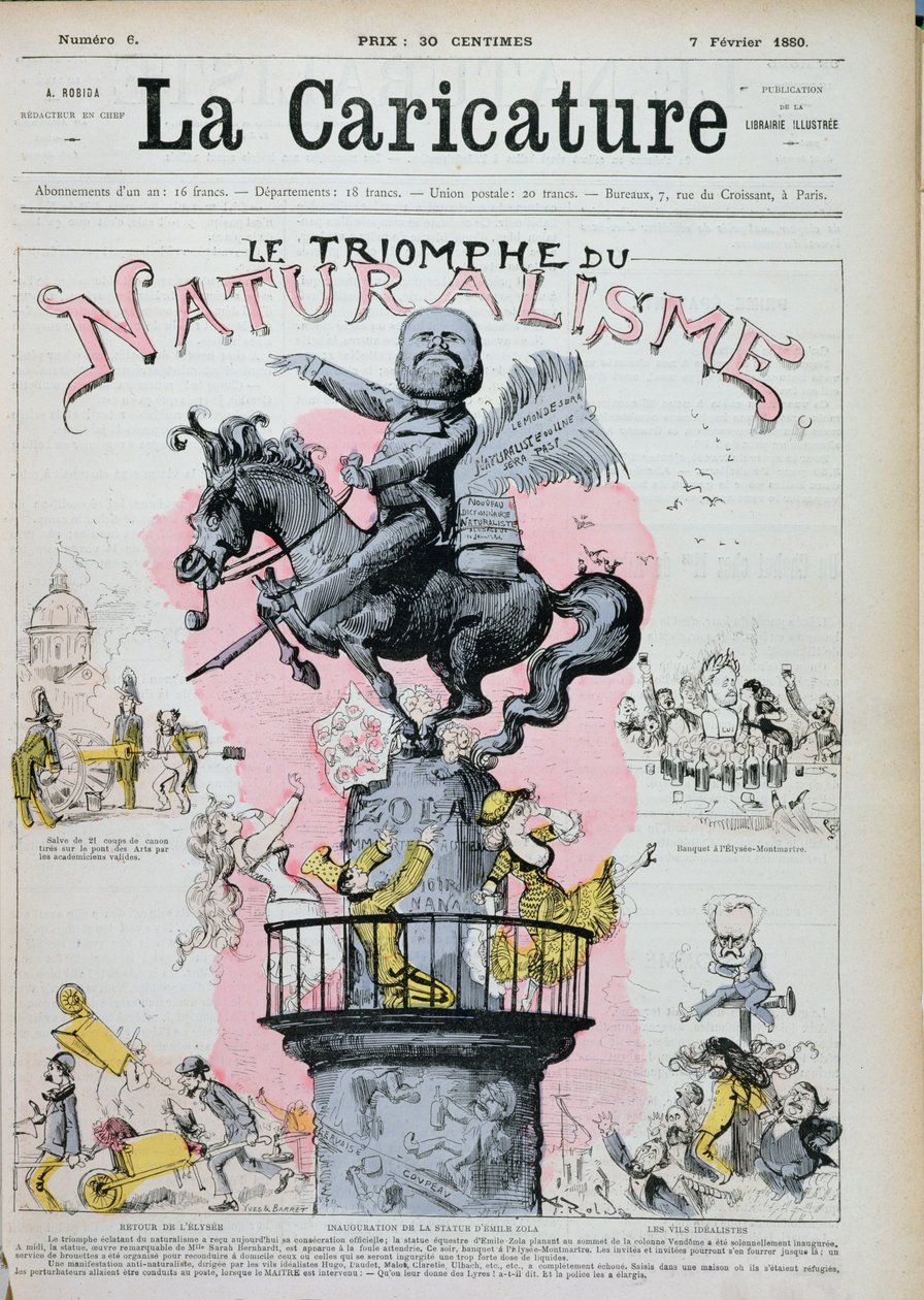 &39;O triunfo do naturalismo&39;, caricatura de Emile Zola (1840-1902) ilustração de &39;La Caricature&39;, 7 de fevereiro de 1880 de Albert Robida