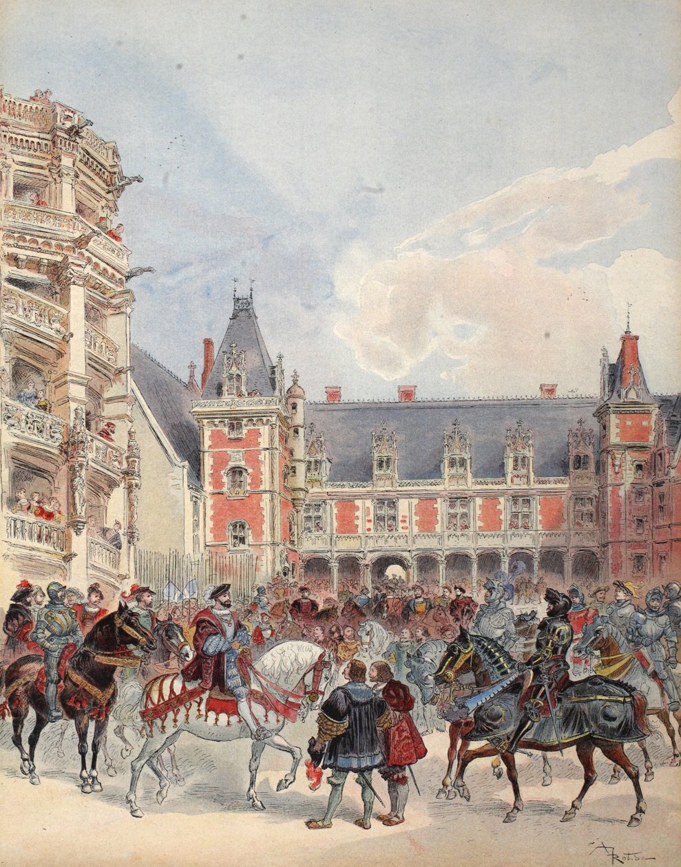 A corte nos castelos do Loire, ilustração de &39;Francois Ier: Le Roi Cavaleiro, por George G. Toudouze, bar. 1909 de Albert Robida