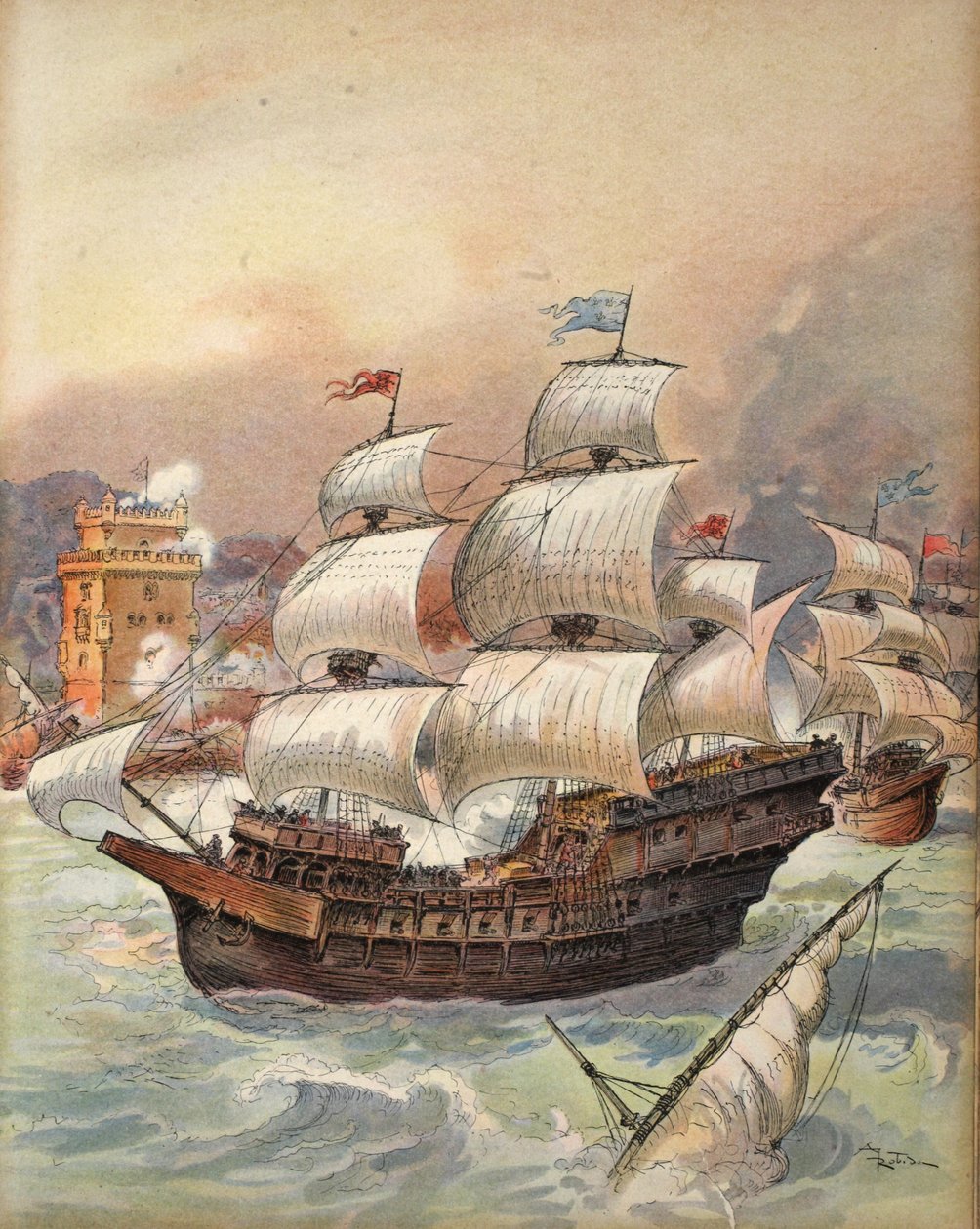 A frota de Jean Ango bloqueia a ameaça do Tejo e de Lisboa, ilustração de François Ier: Le Roi Chevalier, de George G. Toudouze, pub. 1909 de Albert Robida