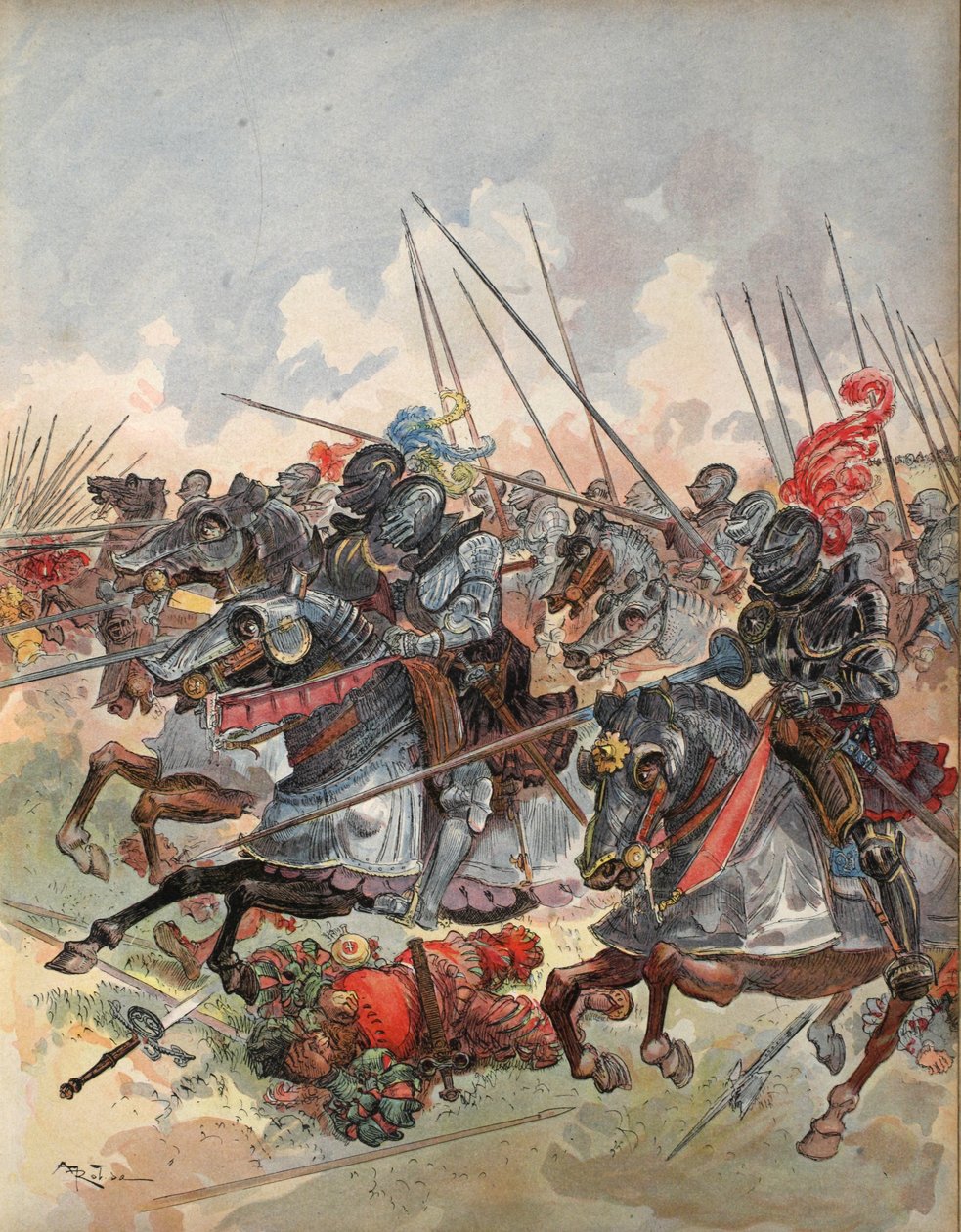 O gendarmerie que mascara a artilharia na batalha de Pavia, ilustração de &39;Francois Ier: Le Roi Cavaleiro, por George G. Toudouze, bar. 1909 de Albert Robida