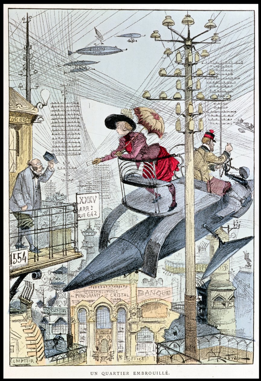 &39;A Neighborhood Distraught&39;, caricatura do século XX, de &39;The 20th Century&39;, c.1890 de Albert Robida