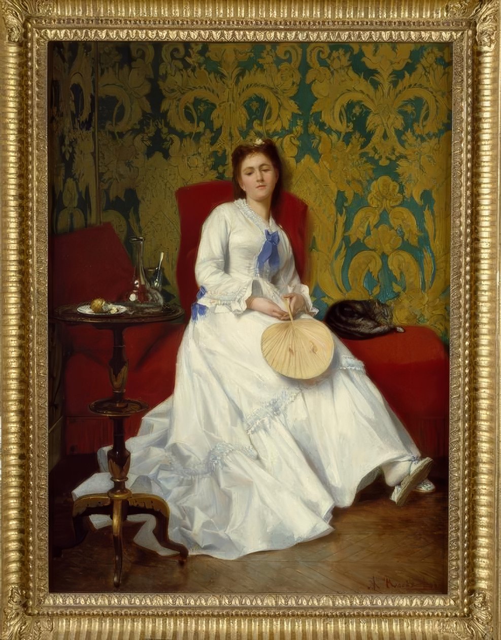 Albert Roosenboom, Dama de branco com leque - pintura, 19º C. de Albert Roosenboom